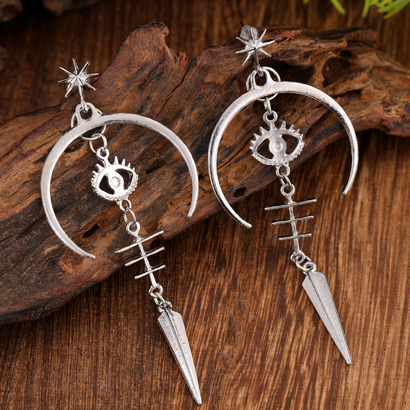 Wholesale Gothic Demon Eye Punk Accessories Antique Silver Moon Metal Long Earrings